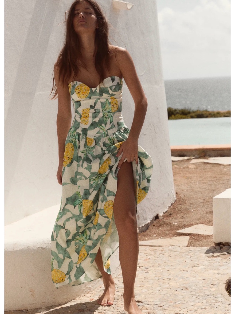 Zara fruit  Print Bustier poplin dress  - Yellow Green Size s